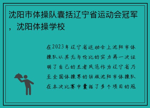 沈阳市体操队囊括辽宁省运动会冠军，沈阳体操学校