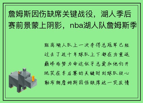 詹姆斯因伤缺席关键战役，湖人季后赛前景蒙上阴影，nba湖人队詹姆斯季后赛集锦